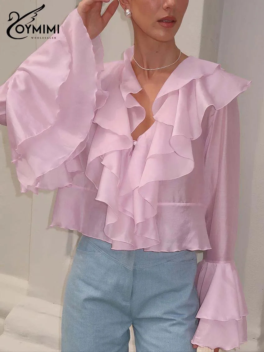 Elegant Pink Ruffled V-Neck Blouse – Petal Sleeve Women’s Fashion Shirt