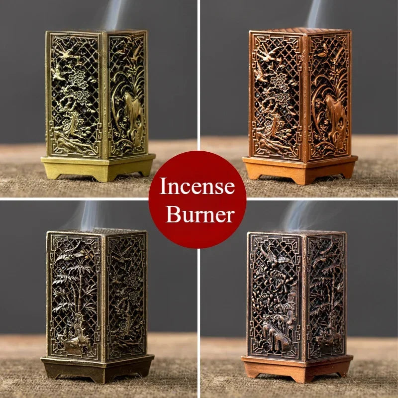 Square Xiangyun Alloy Incense Burner – Chinese Plum Vertical Aromatherapy Holder for Home Décor
