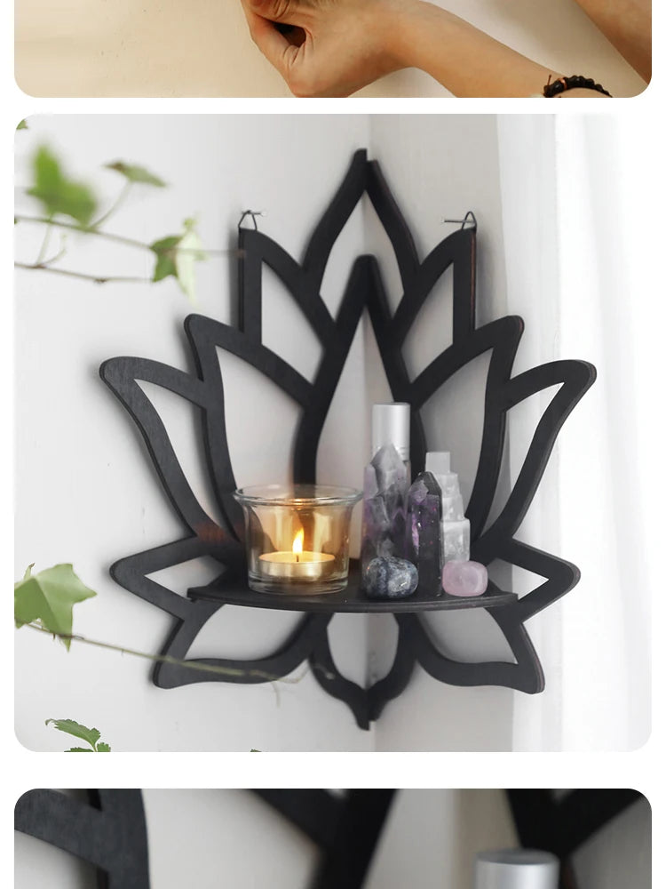 Wooden Lotus Hollow Shelf – Wall-Mounted Aromatherapy Organizer & Candle Holder