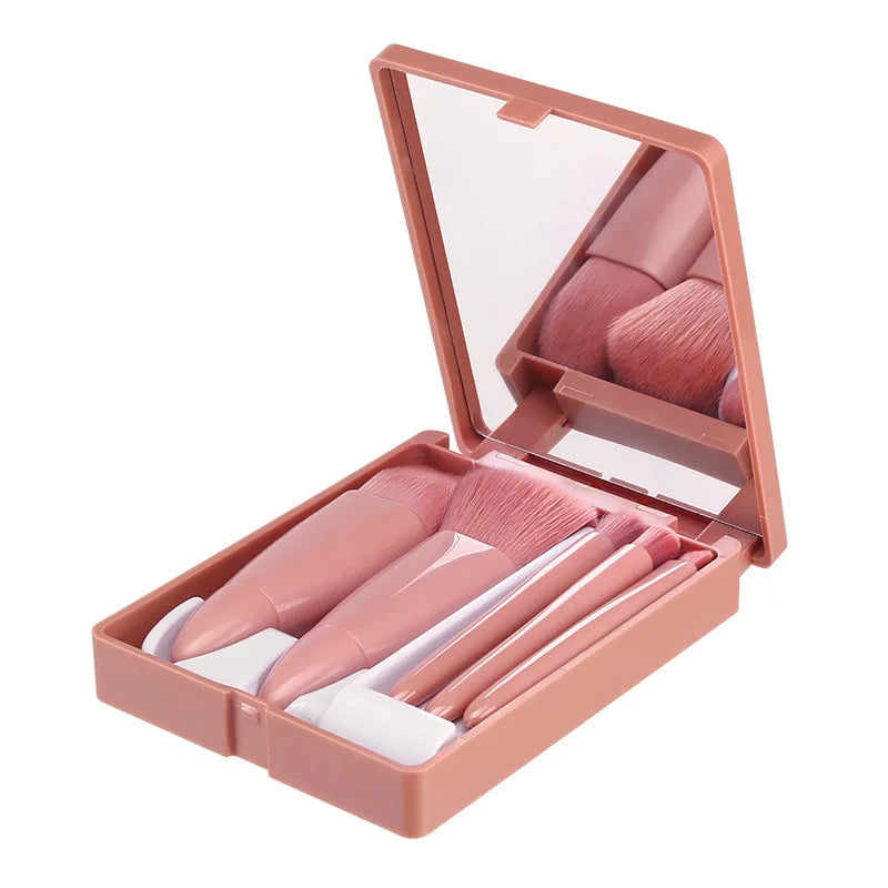 5PCS Pink Mirror Case Makeup Brush Set – Mini Travel Beauty Brushes