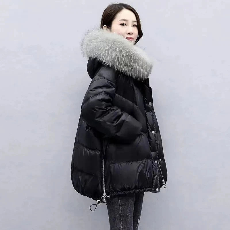 2025 Women’s Winter Down Cotton Jacket – Hooded Puffer Coat with Fur Collar