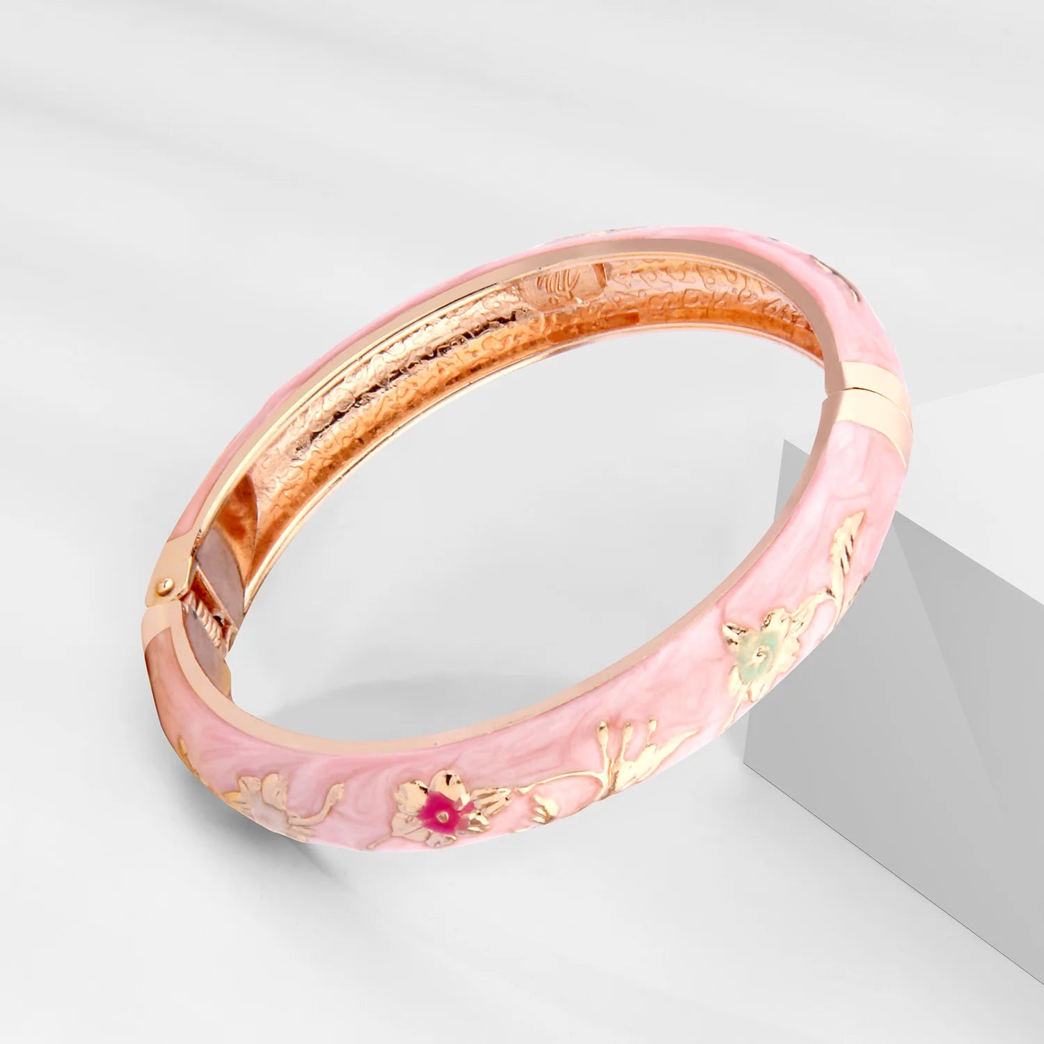 Pink Enamel Hollow Bangle – Women’s Alloy Cloisonné Bracelet Fashion Jewelry