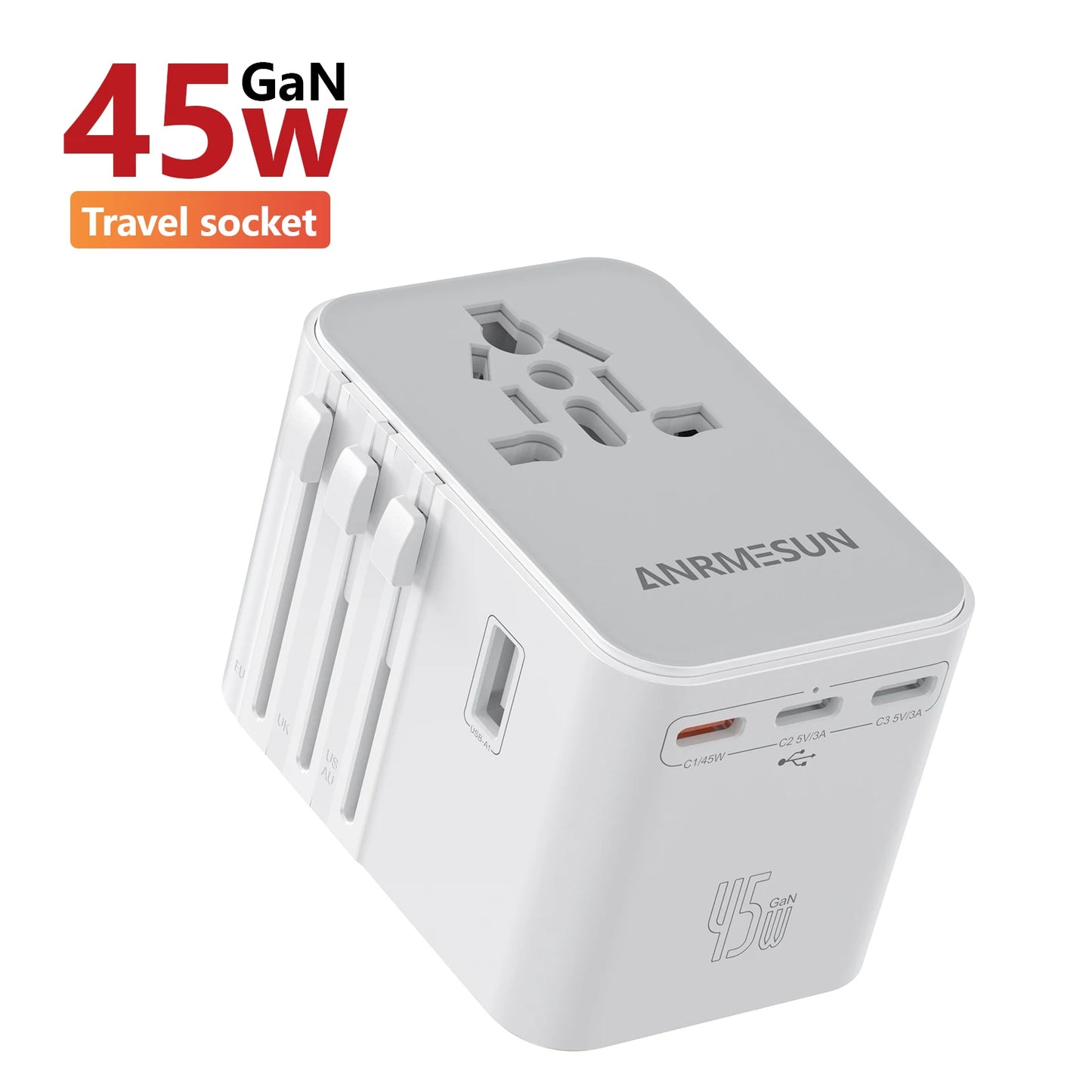 Universal 2500W Travel Adapter – 4 AC Outlets, 1 USB & 2 Type-C PD 25W Fast Charging EU/UK/US/AUS Plug