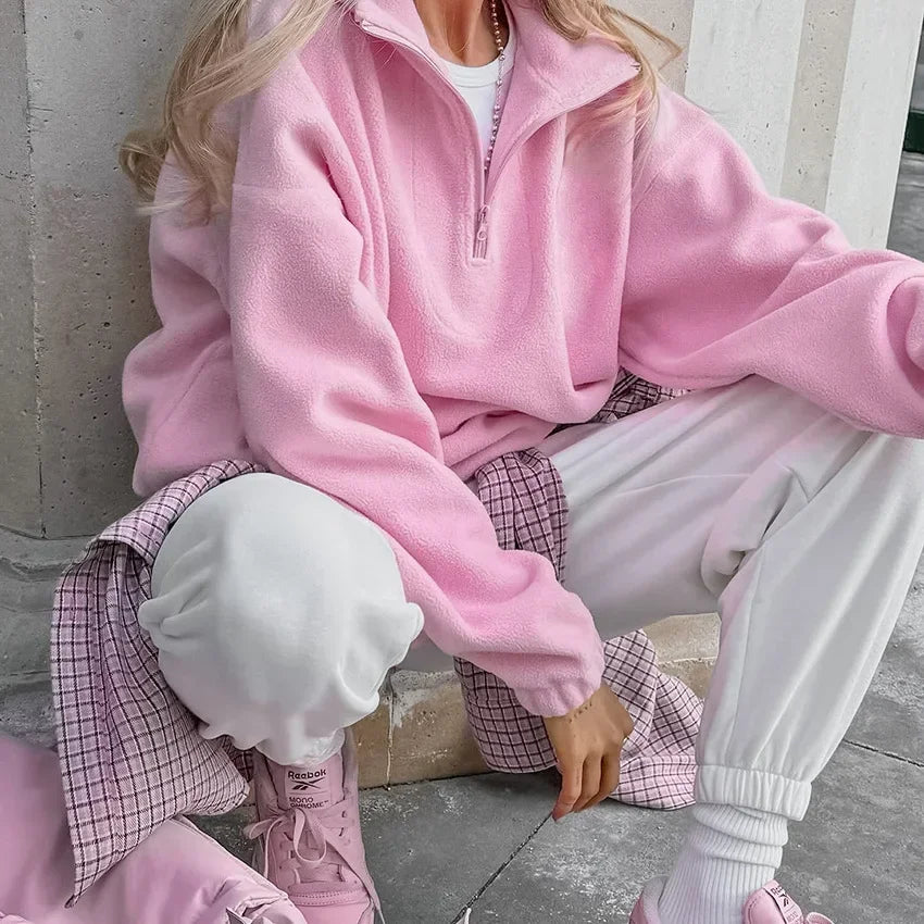 Pink Lamb Fleece Hoodie – Women’s Casual Thick Zipper Pullover Streetwear