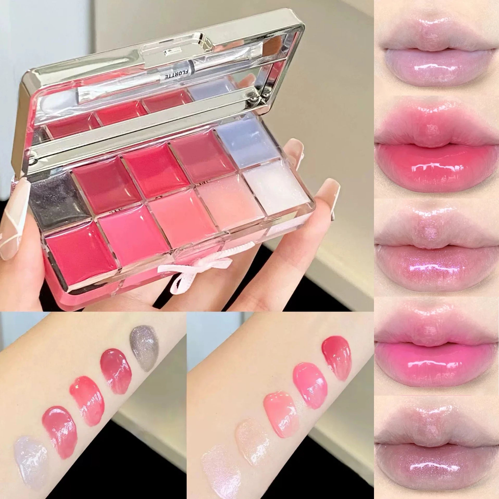 FLORTTE 10-Color Lip Palette – Glossy, Moisturizing & Pigmented Lip Gloss & Lipstick Set