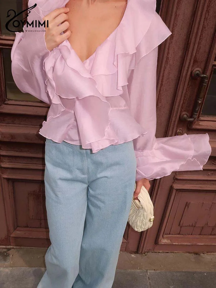 Elegant Pink Ruffled V-Neck Blouse – Petal Sleeve Women’s Fashion Shirt