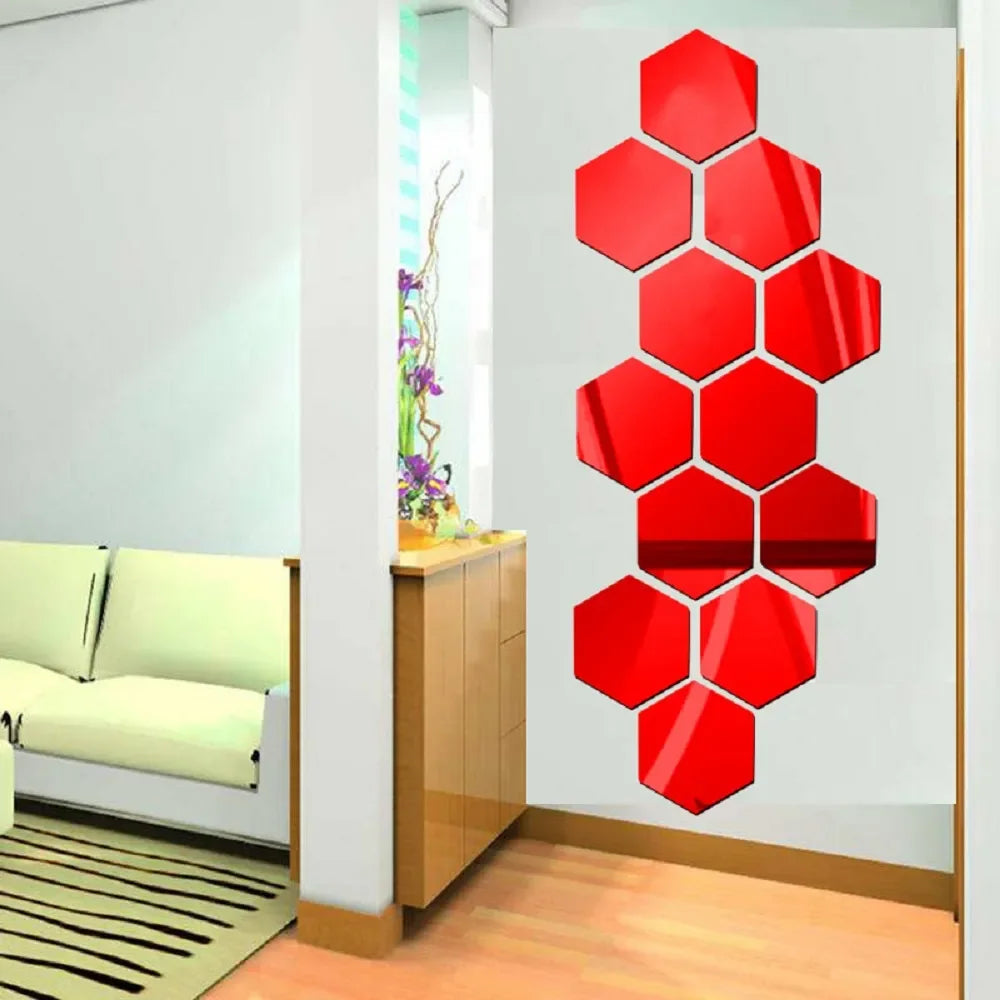 6/12pcs 3D Hexagon Mirror Wall Stickers – Rose Gold DIY Home & TV Background Decor