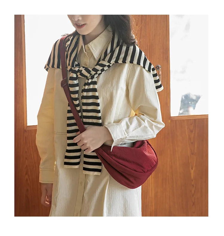 Solid Color Women’s Nylon Shoulder Bag – Portable Padded Crossbody Messenger Travel Handbag