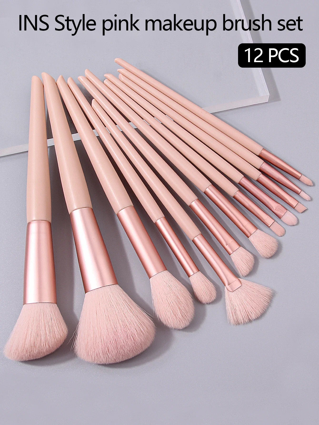 12PCS Pink Makeup Brush Set – Complete Cosmetic Brushes for Face & Eyes
