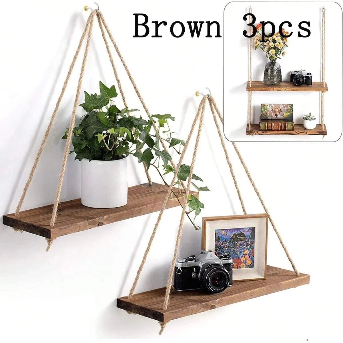 Wooden Swing Floating Shelf – Hemp Rope Hanging Wall Shelf for Plants & Home Decor