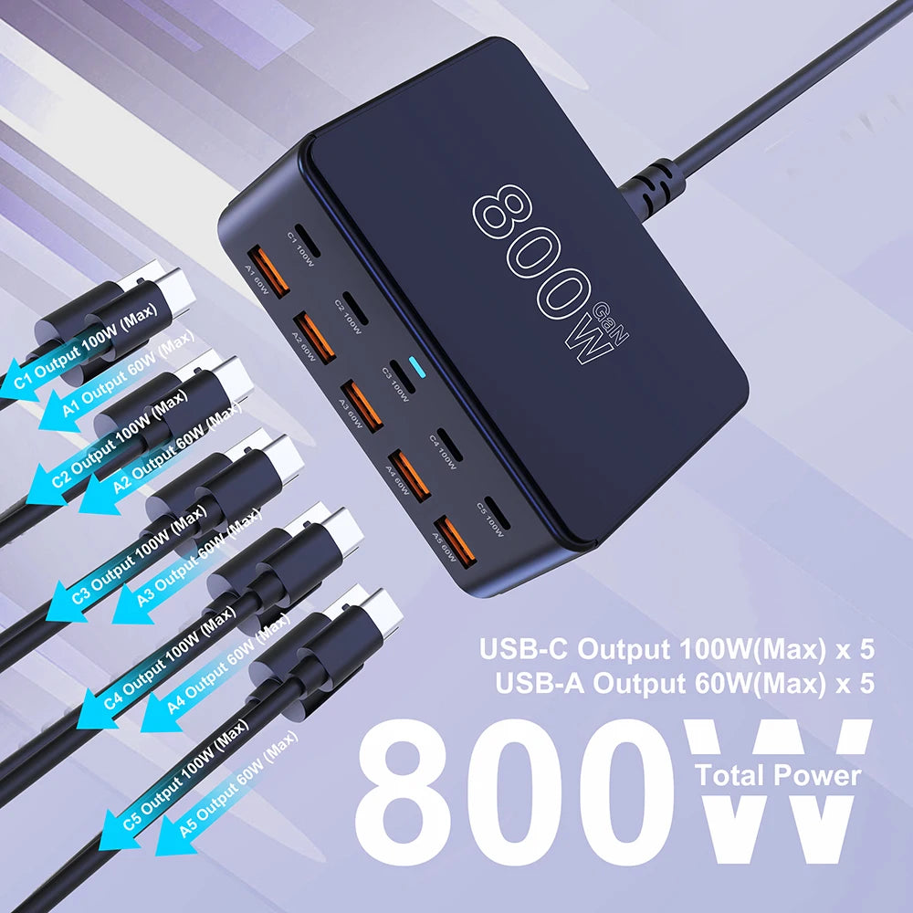 800W GaN USB-C Charger – 100W PD3.0 PPS QC3.0 Multiport Fast Charging Station for iPhone 15/16, Samsung, MacBook & Laptops