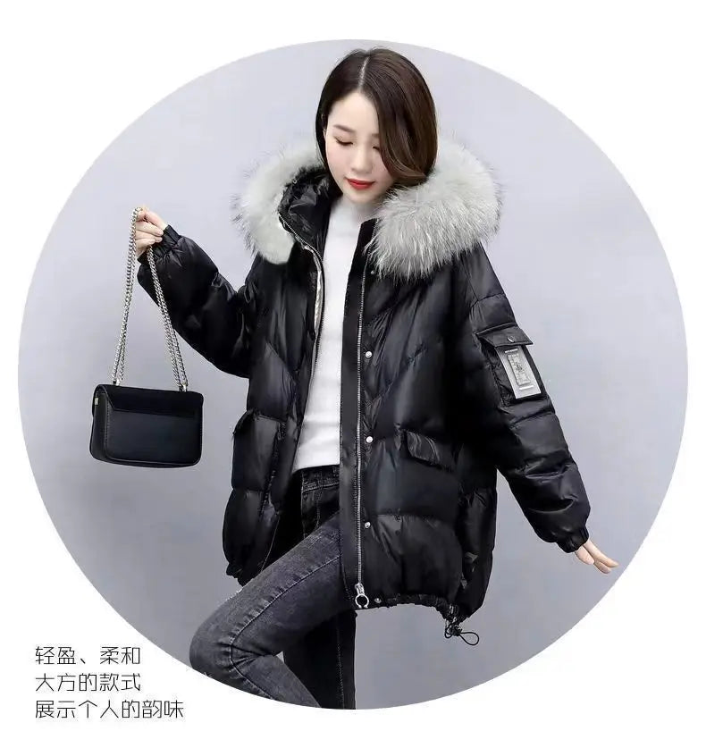 2025 Women’s Winter Down Cotton Jacket – Hooded Puffer Coat with Fur Collar