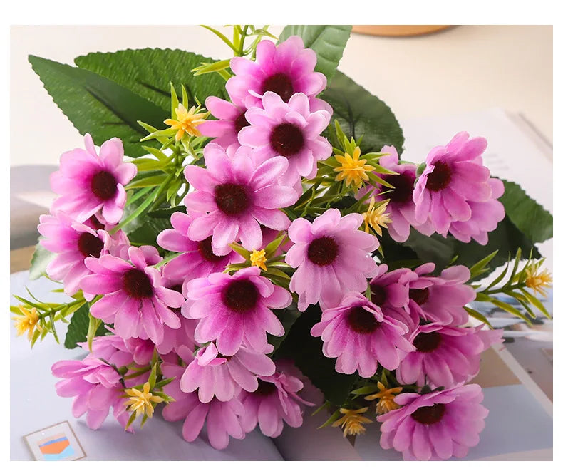 5 Fork 15-Head Artificial Daisy & Chamomile Flower Stems – Wedding & Home Party Decor