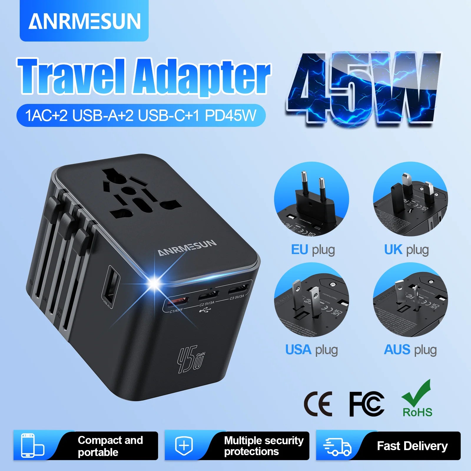 Universal Travel Adapter with 4 AC Outlets 2 USB Port 3 Type-C PD 45W All-in-One Fast Power Charge On EU US AUS Plug Internation