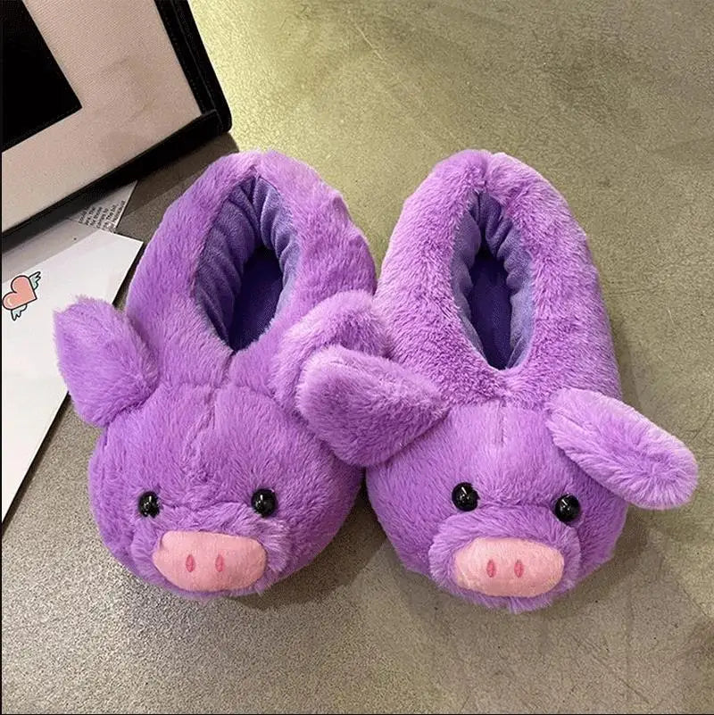 Cute Pink Pig Plush Slippers – Warm Winter Furry Indoor Shoes for Women