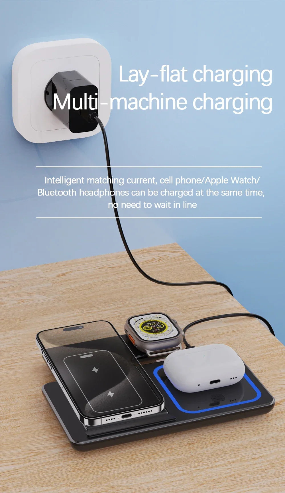 Foldable Wireless Charger Station for iPhone, Apple Watch & AirPods Fast Charging Dock