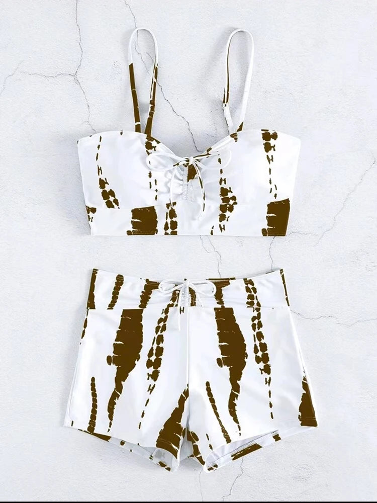 Drawstring Front Shorts Bikinis 2025 High Waist Swimsuit Women Swimwear Female Bathers Bathing Swimming Swim Suit Beachwear