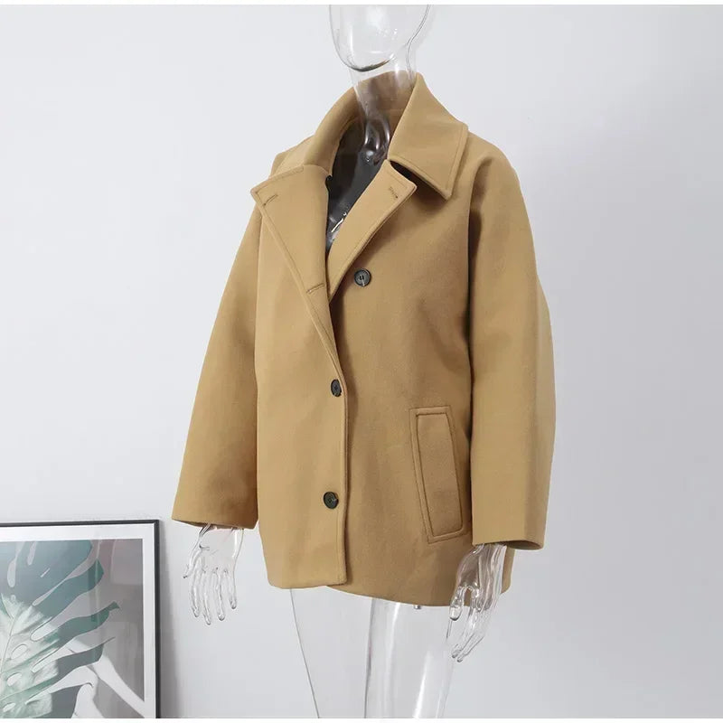 Fashion Lapel Woolen Jacket For Women 2025 Spring Single Breasted Long Sleeve Coats Female Elegant Oversized Chic Street Outwear
