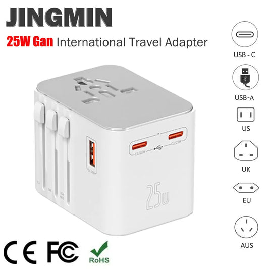 Universal 2500W Travel Adapter – 4 AC Outlets, 1 USB & 2 Type-C PD 25W Fast Charging EU/UK/US/AUS Plug
