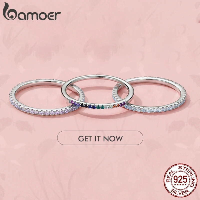 BAMOER 925 Sterling Silver Stackable Rings – Gold-Plated Simulated Diamond CZ Eternity Bands for Women