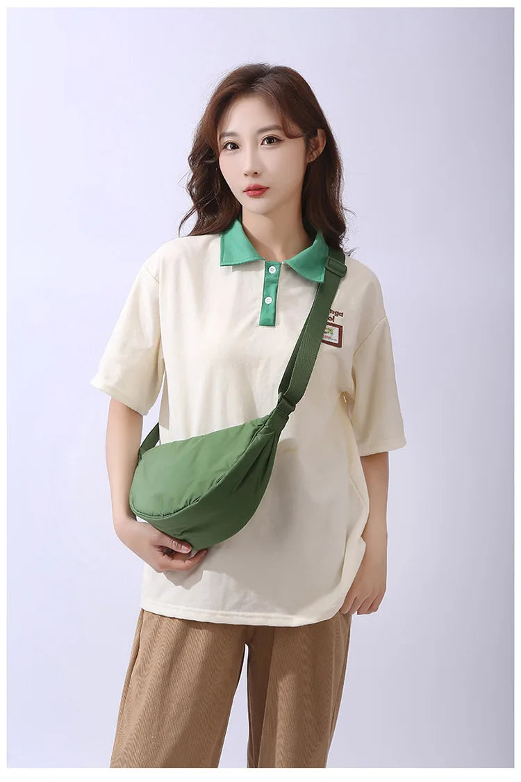 Solid Color Women’s Nylon Shoulder Bag – Portable Padded Crossbody Messenger Travel Handbag