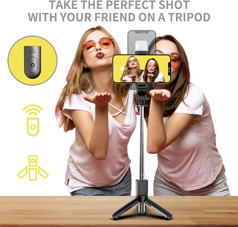 Wireless Bluetooth Selfie Stick Tripod with Fill Light & Remote – Foldable Portable Phone Stand for iPhone & Android