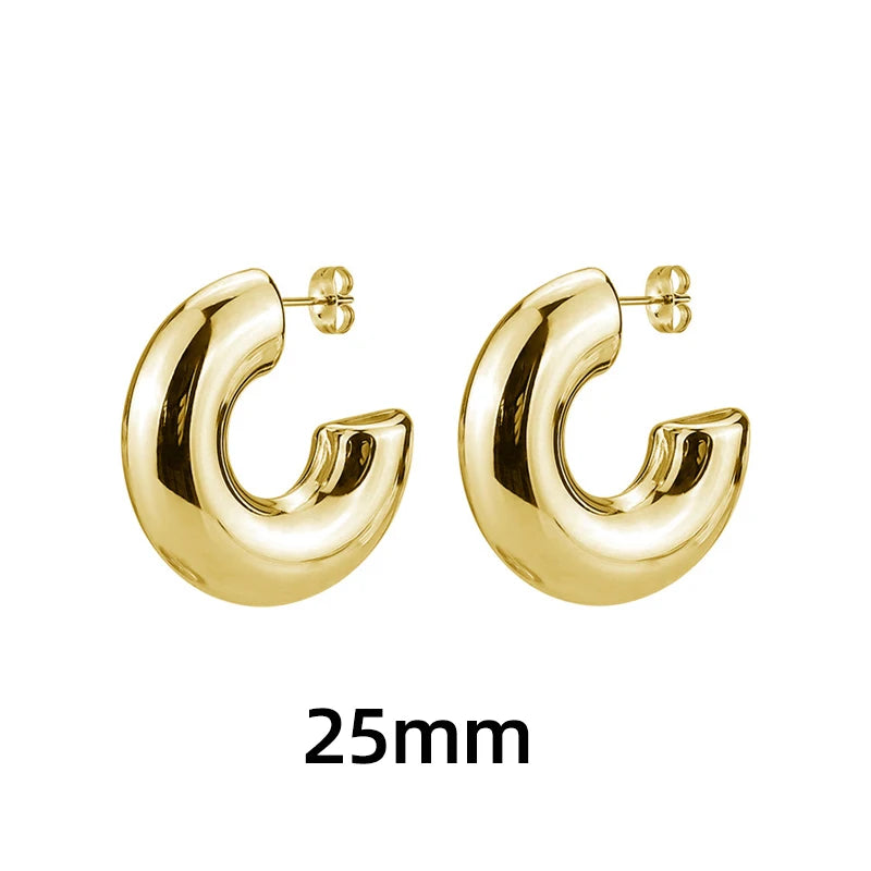 Classic Gold-Plated Chunky Hoop Earrings – Smooth Round C-Shape Stainless Steel Fashion Jewelry for Women