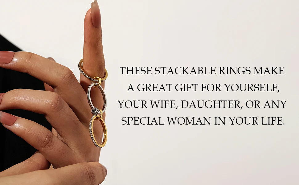 Stainless Steel Cubic Zirconia Stackable Ring – 18K Gold Plated Multi-Link Statement Jewelry for Women