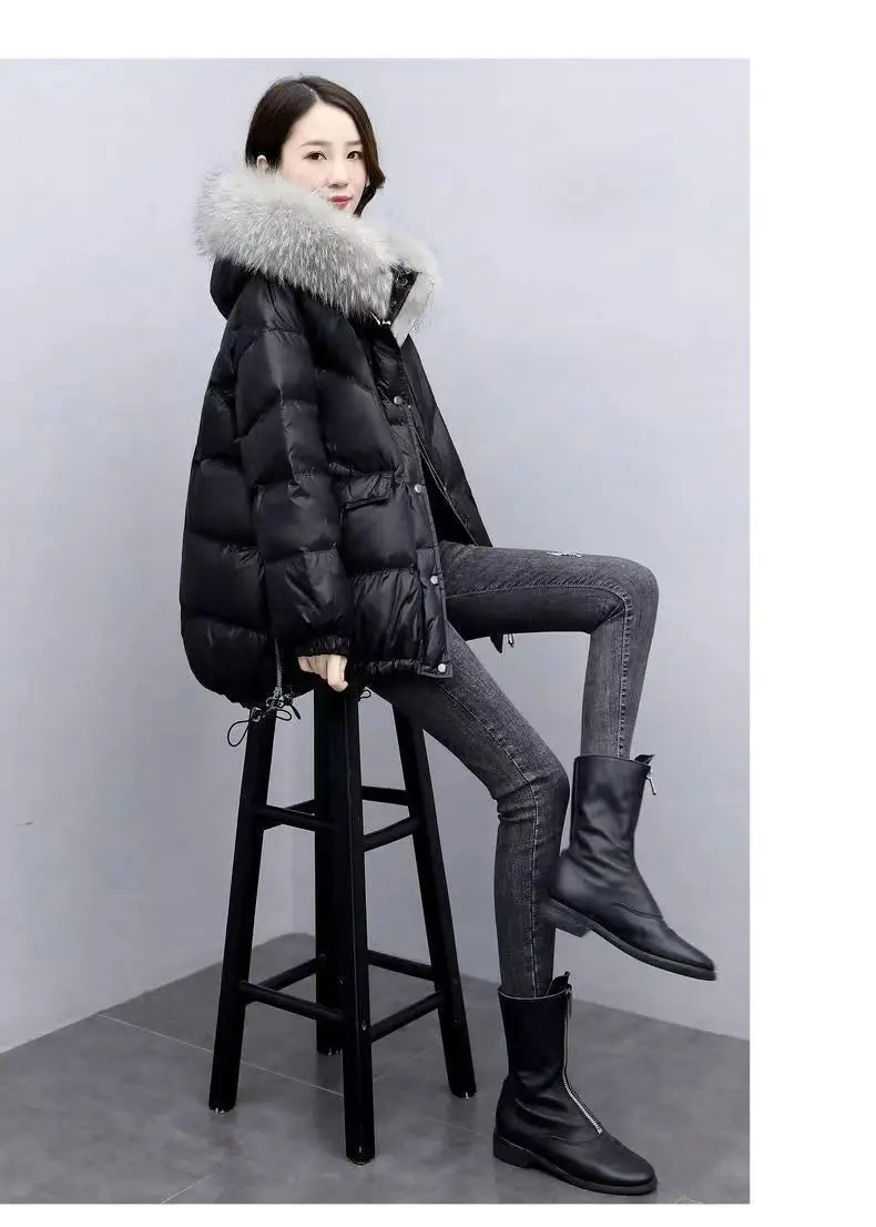 2025 Women’s Winter Down Cotton Jacket – Hooded Puffer Coat with Fur Collar