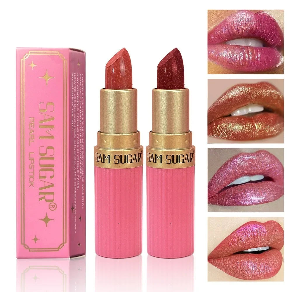 Nude Pink Metallic Glitter Lipstick – Long-Lasting Waterproof Shimmery Lip Gloss