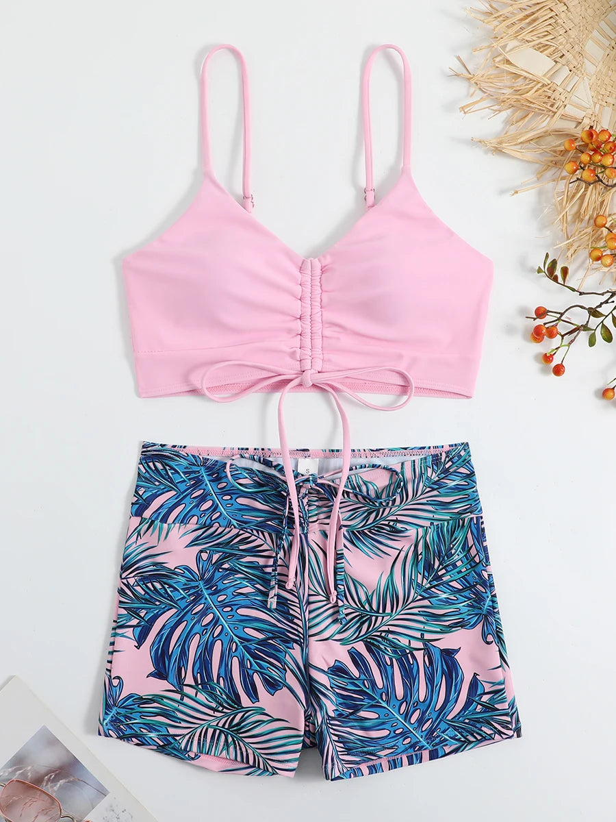 Drawstring Front Shorts Bikinis 2025 High Waist Swimsuit Women Swimwear Female Bathers Bathing Swimming Swim Suit Beachwear