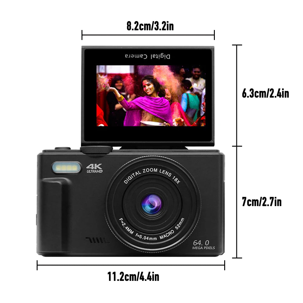 4K 64MP Digital Vlogging Camera – 18X Zoom Compact Photography Camera with 3” 180° Flip Screen & Flash