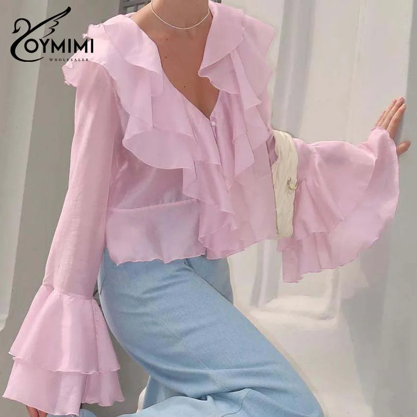 Elegant Pink Ruffled V-Neck Blouse – Petal Sleeve Women’s Fashion Shirt
