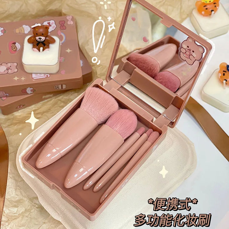 5PCS Pink Mirror Case Makeup Brush Set – Mini Travel Beauty Brushes