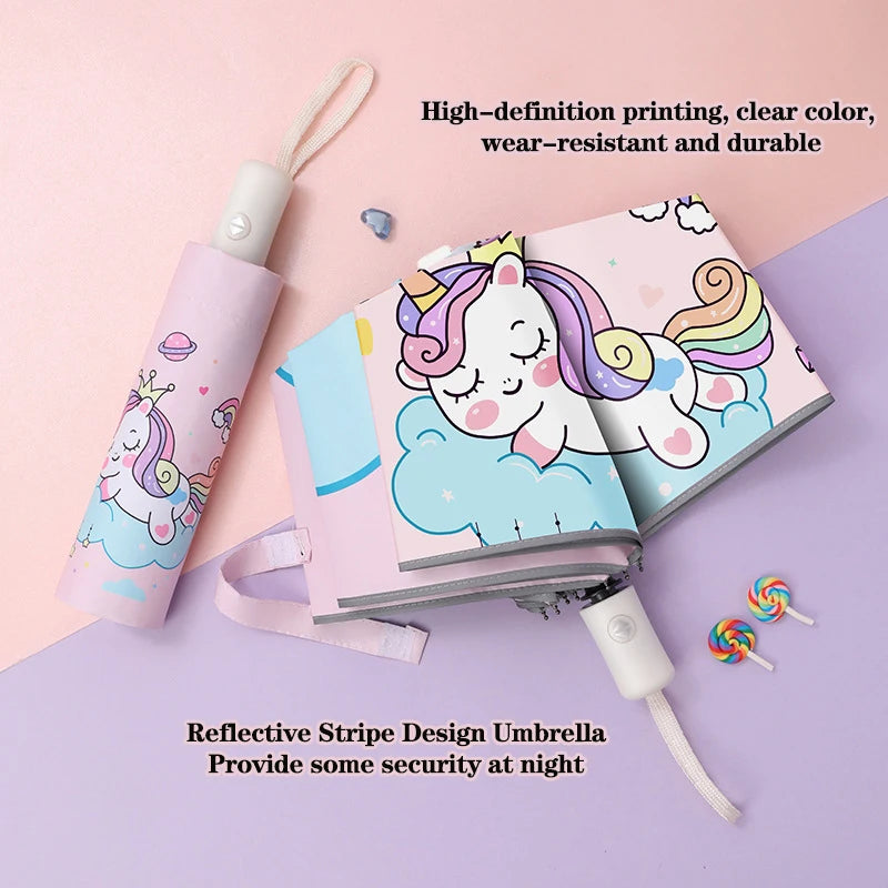 Pink Unicorn Princess Automatic Umbrella – Windproof Folding Reflective Umbrella