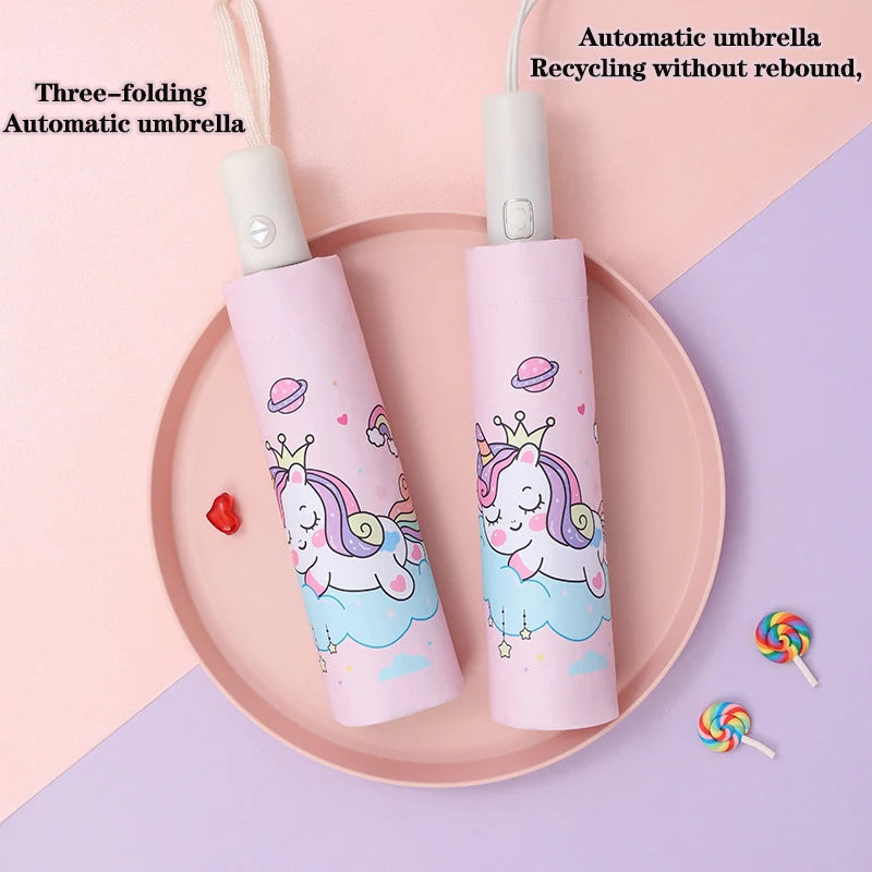 Pink Unicorn Princess Automatic Umbrella – Windproof Folding Reflective Umbrella