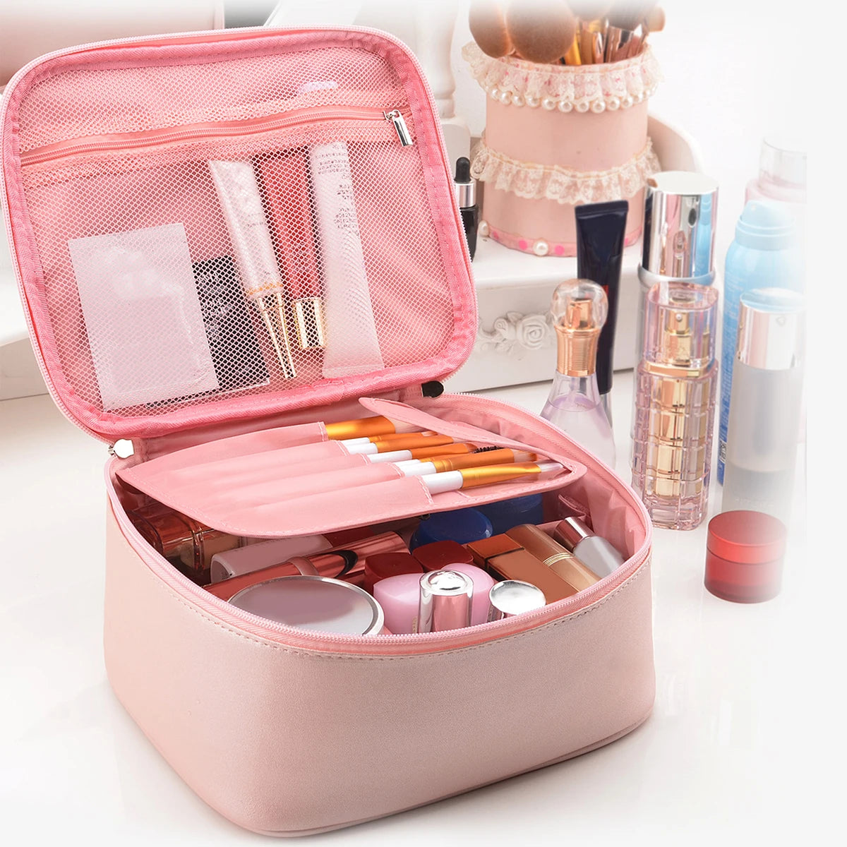 Pink Makeup Train Case – Travel Cosmetic Organizer with Adjustable Dividers