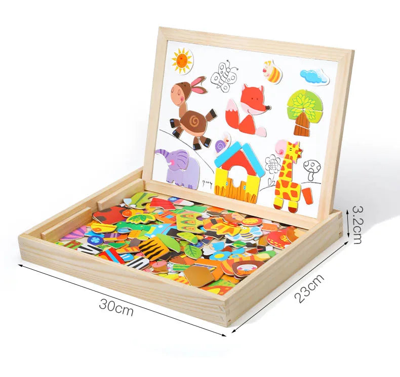 100+Pcs Wooden Magnetic Animal Puzzle Board – Multifunction Learning Drawing Toy for Kids Education & Creativity
