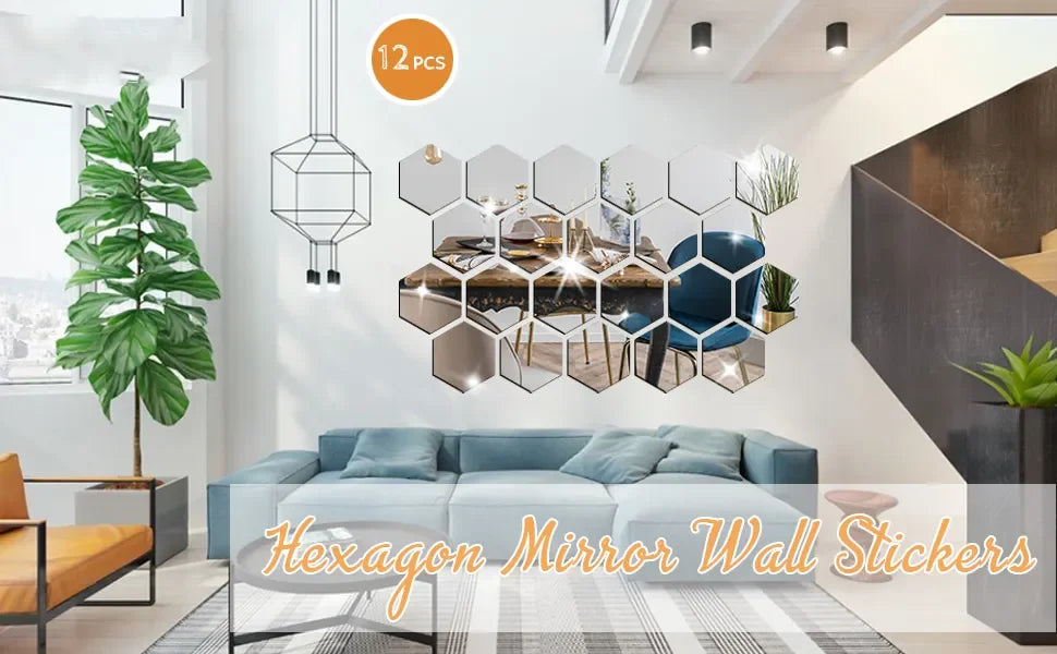 6/12pcs 3D Hexagon Mirror Wall Stickers – Rose Gold DIY Home & TV Background Decor
