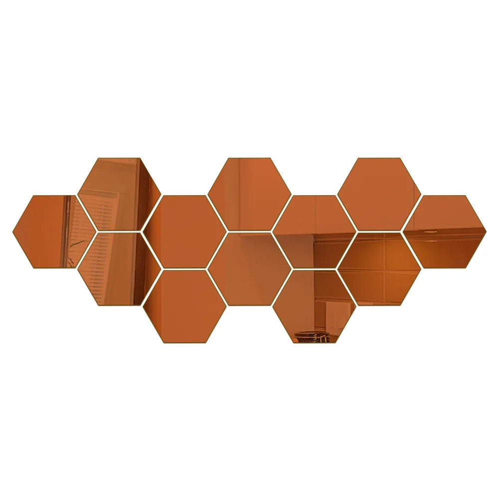 6/12pcs 3D Hexagon Mirror Wall Stickers – Rose Gold DIY Home & TV Background Decor
