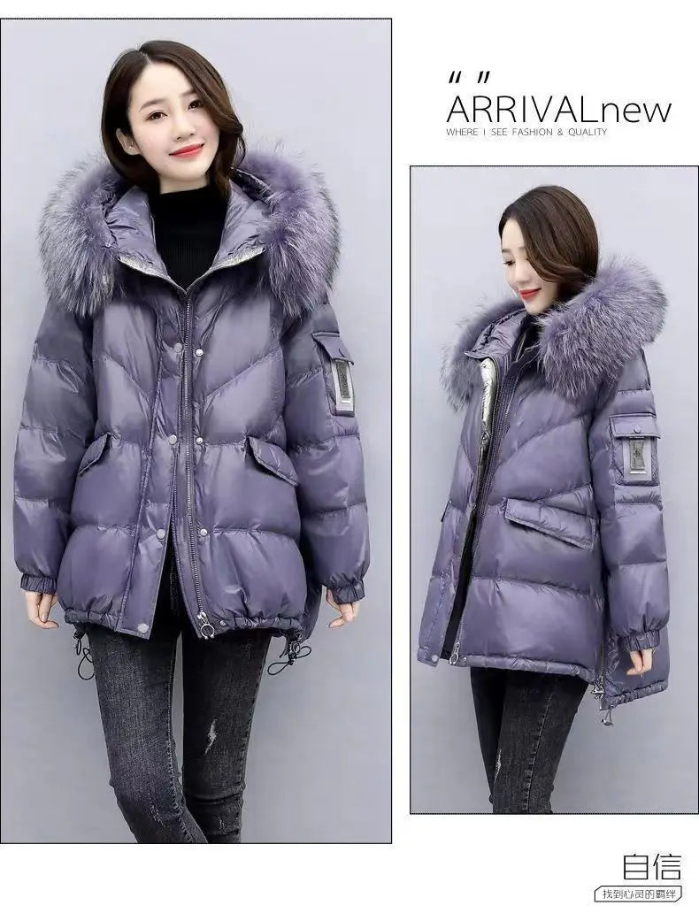 2025 Women’s Winter Down Cotton Jacket – Hooded Puffer Coat with Fur Collar