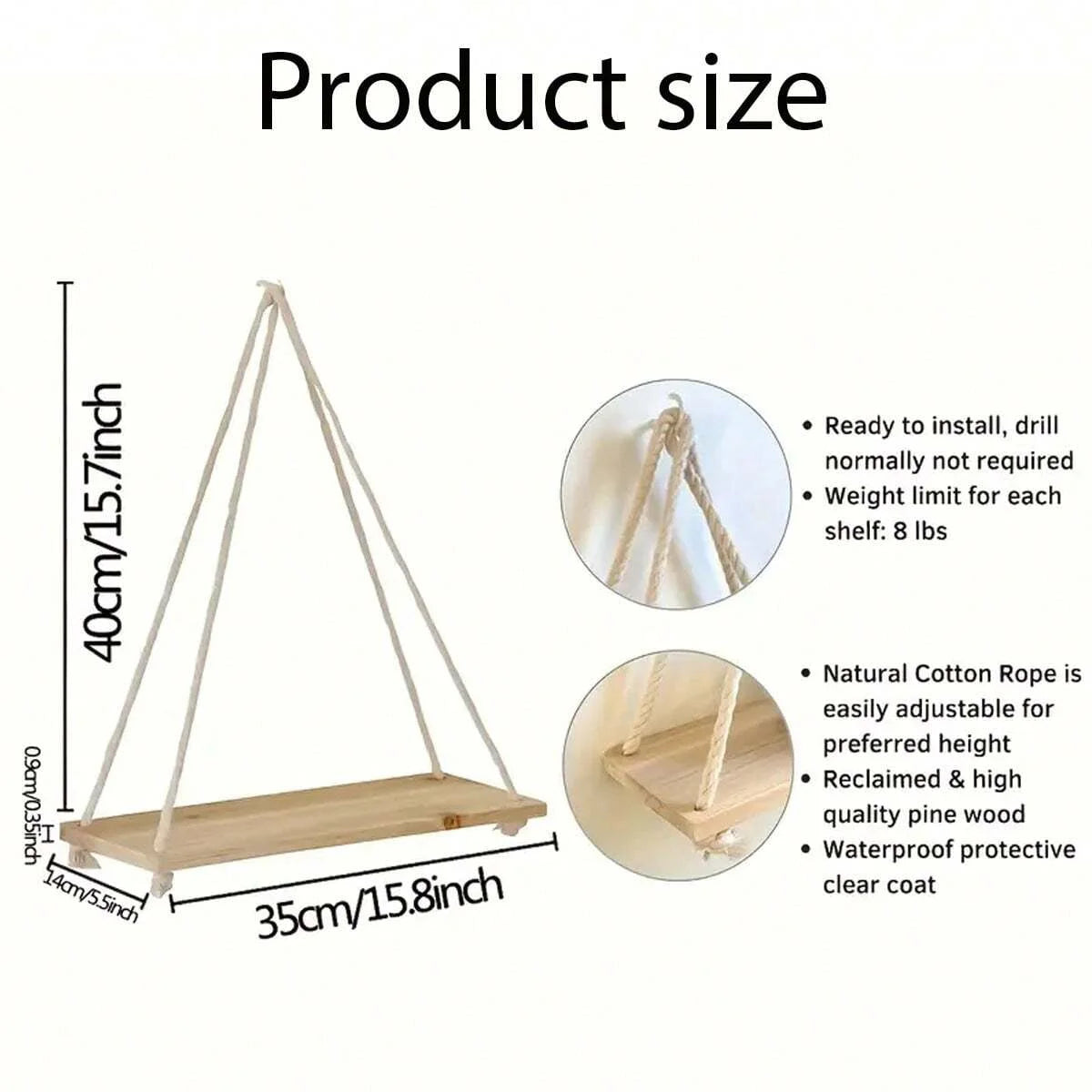 Wooden Swing Floating Shelf – Hemp Rope Hanging Wall Shelf for Plants & Home Decor