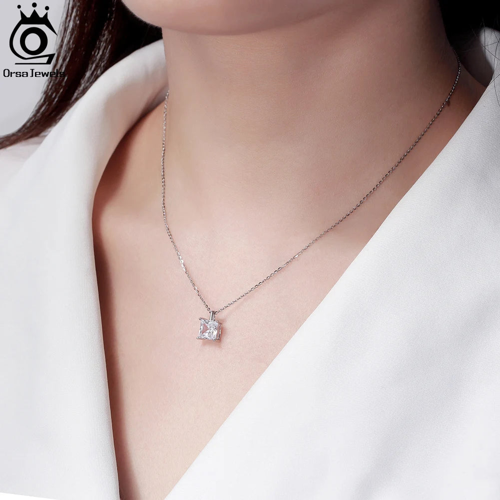 ORSA JEWELS 925 Sterling Silver Solitaire Cubic Zirconia Pendant Necklace – Classic Dainty Jewelry for Women