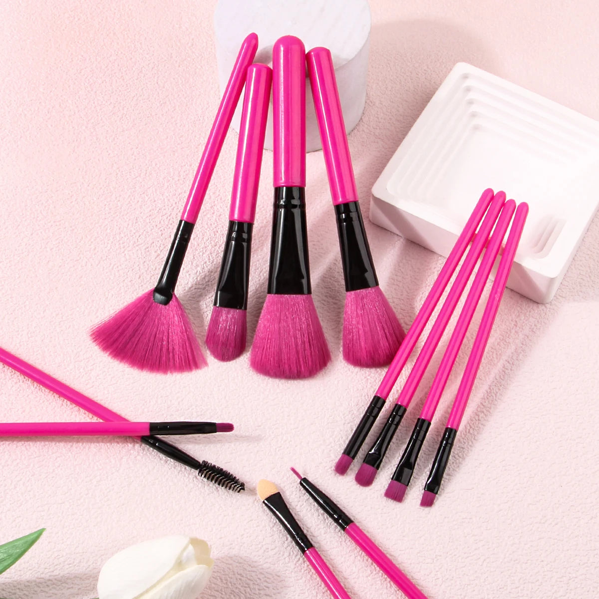 12PCS Pink Makeup Brush Set – Complete Cosmetic Brush Kit for Face & Eyes