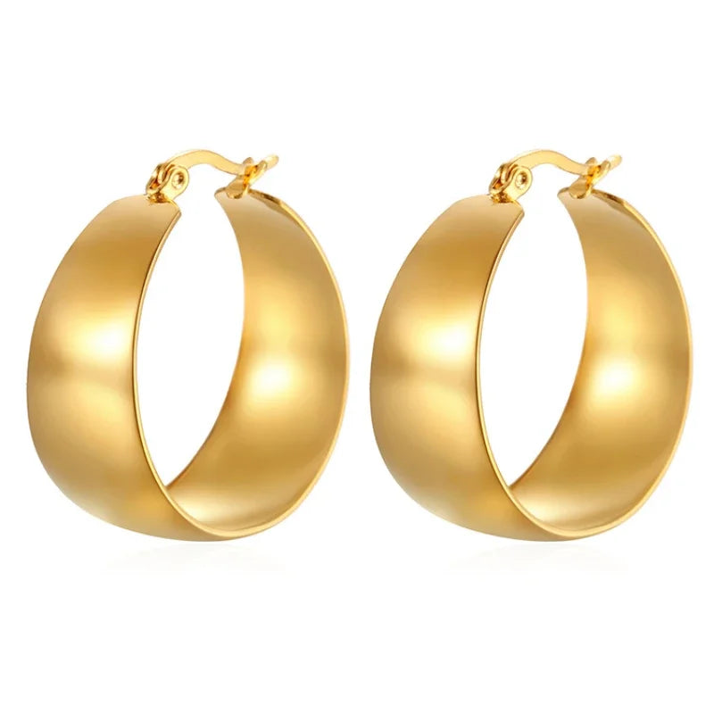 Irregular Glossy Round Circle Chunky Earrings for Women Gold Plated Stainless Steel Smooth Open Thick Hoop Earrings 25/30mm