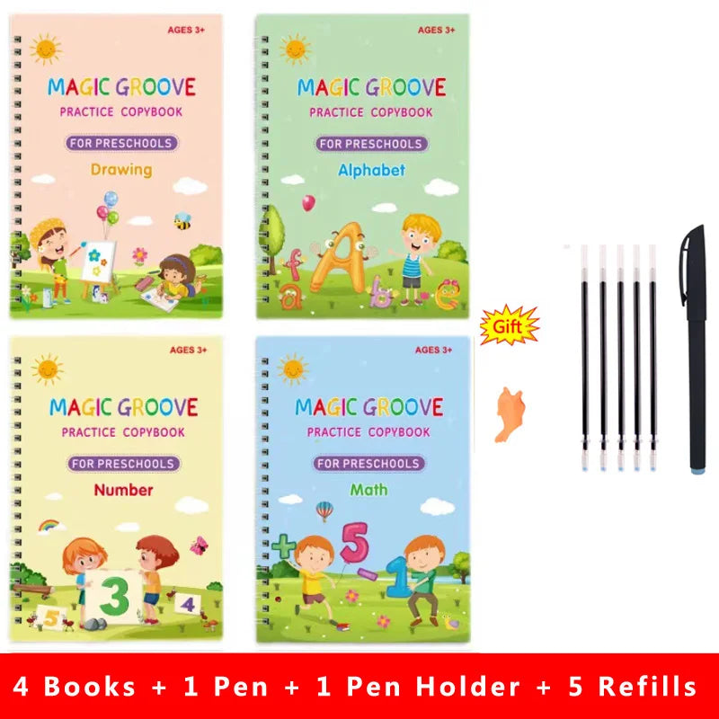 4pcs Magic Groove Copybook Set – Reusable Calligraphy Practice Books & Pen for Kids Learning English Writing