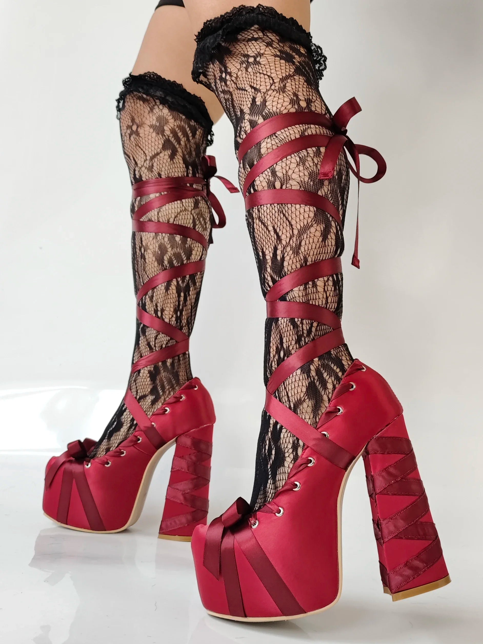 2025 Sweet Lolita Pink Bow Platform Sandals – Lace-Up Satin Strappy Heels for Women