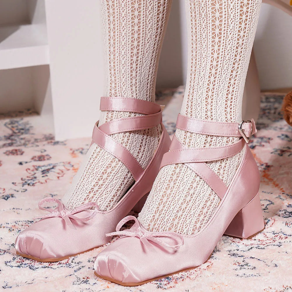 2025 Satin Pink Lolita Block Heels – Cute Cross-Strap Mary Janes for Women, Sweet Ballet Wedding Pumps
