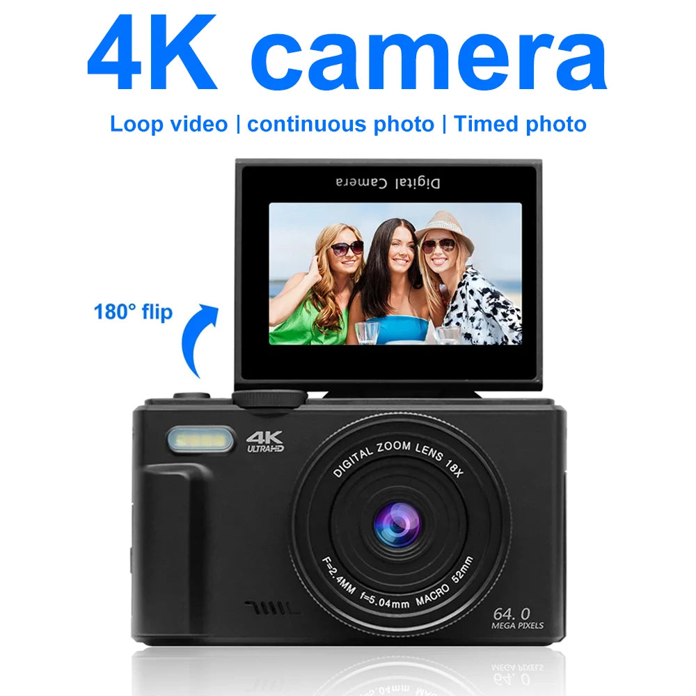 4K 64MP Digital Vlogging Camera – 18X Zoom Compact Photography Camera with 3” 180° Flip Screen & Flash