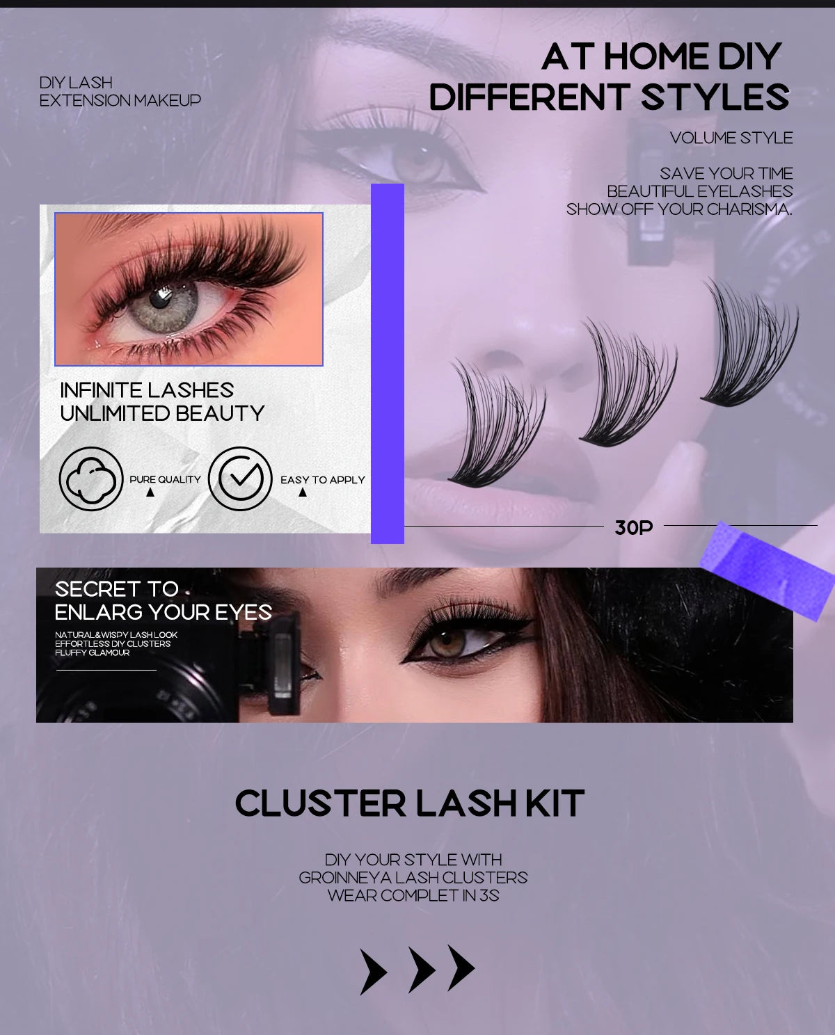 GROINNEYA DIY Lash Extension Kit – Individual Cluster Mix Lashes with Bond & Seal for At-Home Use